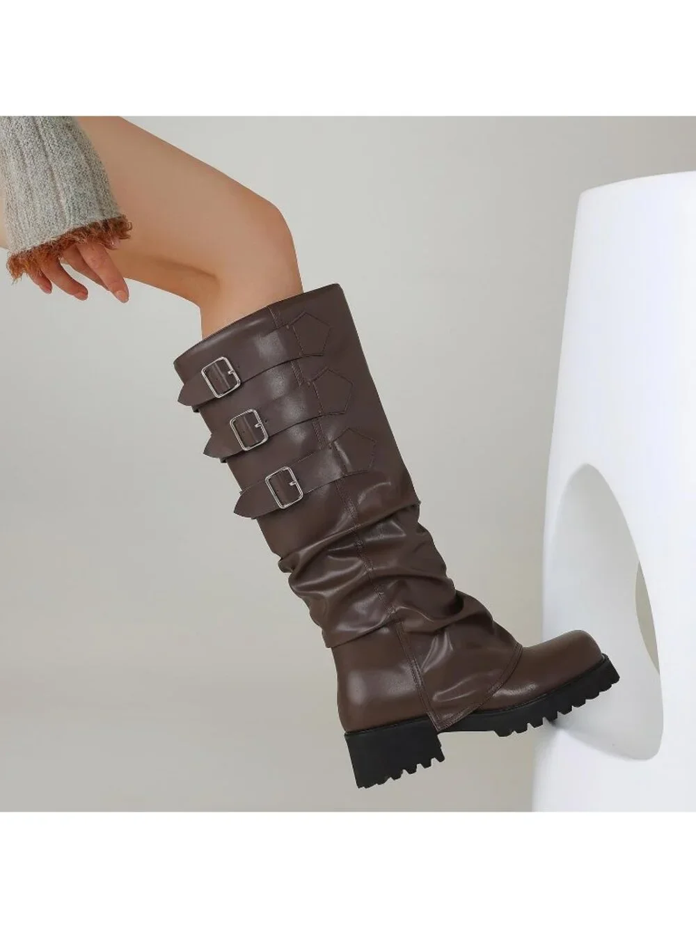Women's Dark Brown Block Heeled Square Toe Fold Over Knee High Moto Riding Boots